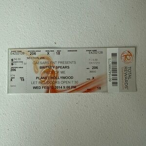 BRITNEY SPEARS Las Vegas CAESARS PH 2014 "Piece of Me" Concert Ticket Stub